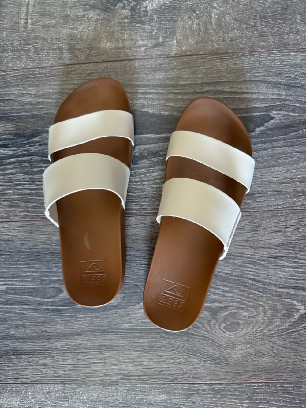 Reef Women’s Double-Strap Slide Sandals in White and Brown